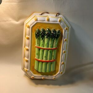 Asparagus Ceramic Wall Hanging Leather Rope Green Yellow Farmhouse Kitchen 11 In